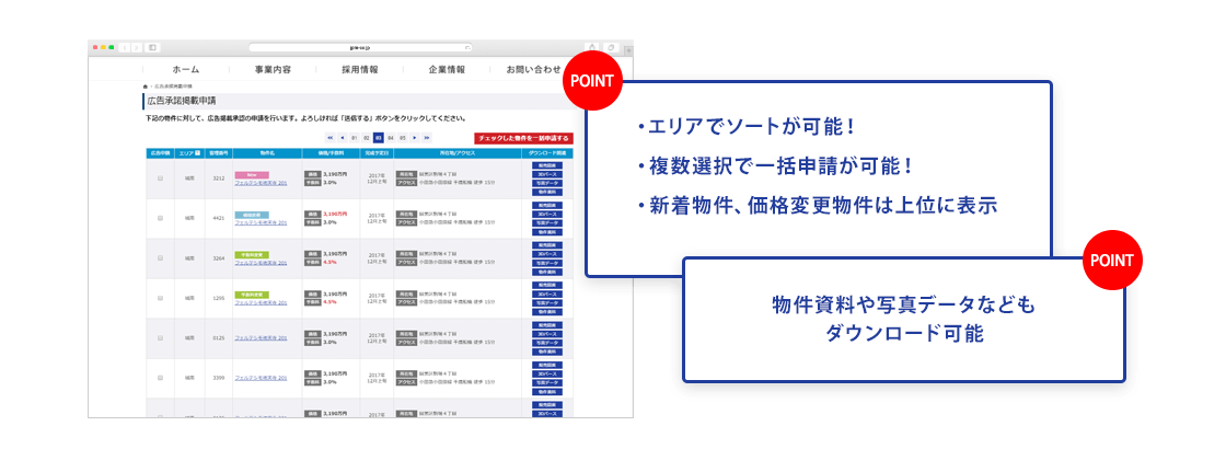 【Point】・エリアでソートが可能！・複数選択で一括申請が可能！・新着物件、価格変更物件は上位に表示。各 ページに申請窓口を増設、スムーズな申請が可能